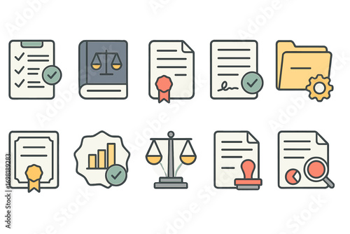 Legal, compliance flat icon set. minimalist symbols for law, justice, approval