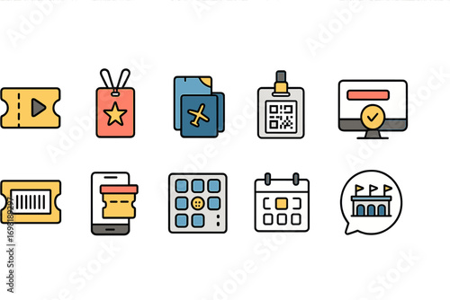 Event and ticketing line icon set. admission, qr code, calendar, badge icons