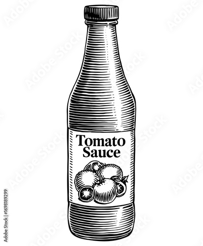 A vintage woodcut style bottle of tomato sauce in black and white