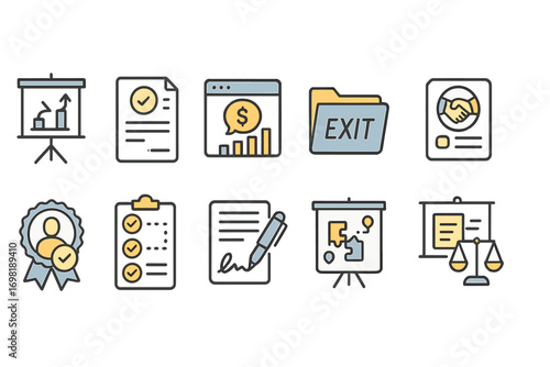 Business exit, contract outline icon set. Financial report, signature, law presentation line icons. Vector icons.