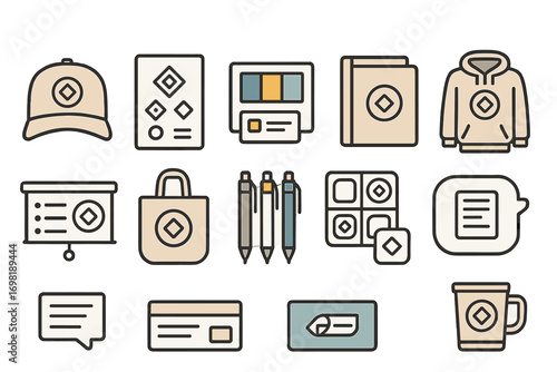 Office essentials icon set. stationery and communication items in outline style