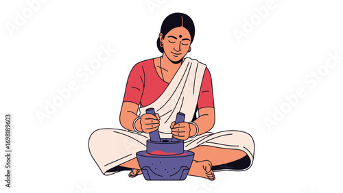 Homemaker in Tranquility: An Indian woman engrossed in traditional culinary preparation, gently grinding spices, her serene expression reflecting a sense of peace and time-honored practice.