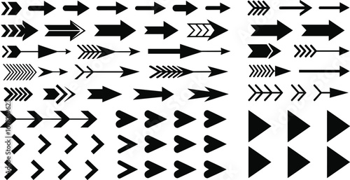 A comprehensive collection of diverse black arrow icons and pointers in various styles, perfect for design projects requiring clear directional indicators and navigational elements