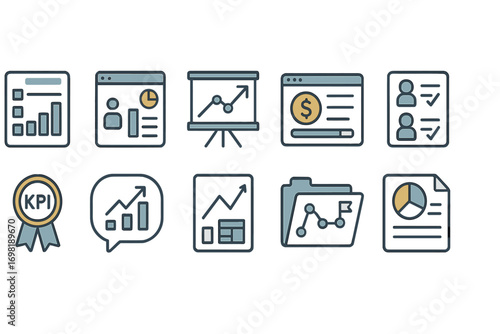 Business and analytics linear icon set. charts, reports, kpi in line style.