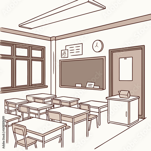 a 2D cartoon illustration of a classroom with desks, chairs, and a chalkboard, organized and welcoming, white background