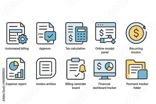 Finance and business outline icon set. invoicing, tracking, management icons