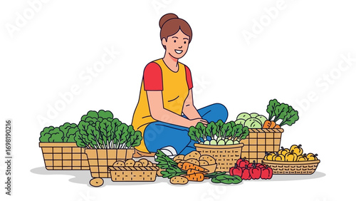 Fresh Market Bounty: A vibrant illustration depicts a woman amidst a colorful array of fresh produce. A heartwarming scene of abundance and the natural goodness of the market.