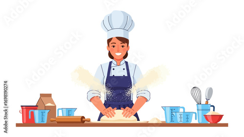 Baking Delight: A culinary artist, adorned in a chef's hat and apron, diligently works at a table, molding dough with expert hands, ready to bring about baked delight.