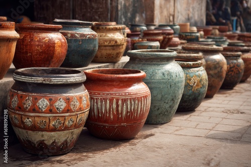 Colorful clay pots lined along a rustic market stall in a vibrant artisan village during the afternoon
