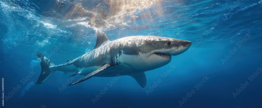 Fototapeta premium The Great White Shark Swimming Near Surface With Sunlit Blue Ocean Background