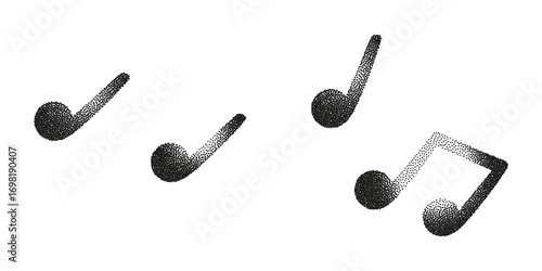 Halftone stipple photocopy effect vector illustration of simple music notes. Black retro grunge style elements set for concert posters, flyers and creative design isolated on transparent background