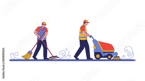 Sweeping the Streets: Two sanitation worker are working in their duty using a broom and a machine.