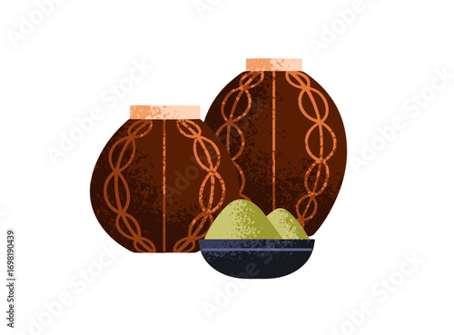 Mates for infusing matcha powder. Patterned pots, gourd bottles, calabashes for herbal beverages. Drinking containers, cups for natural tea. Flat isolated vector illustration on white background