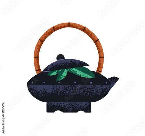 Metal tea infuser with wooden handle. Pot for brewing herbs. Teapot with leaves and water for herbal drinks. Kettle for preparing hot beverages. Flat isolated vector illustration on white background