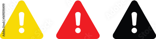 A versatile set of triangular warning sign icons in yellow, red, and black, representing concepts of caution, danger, and critical system alerts