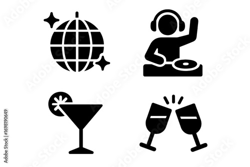 Party and music silhouette icon set. dance, dj, cocktail, celebration silhouettes
