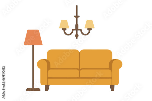 Home decor flat icon set. sofa, lamp, chandelier collection for interior design