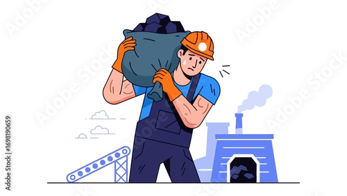 Coal Miner's Burden: A determined coal miner, burdened by the heavy sack of coal over his shoulder.