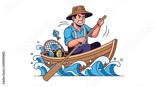 Angler's Adventure: An illustration of an angler vigorously maneuvering his rowboat through choppy waters, fish are swimming in the water and some are being in his net.