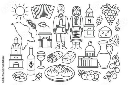 Traditional georgian culture icon set: silhouette style collection of cultural symbols