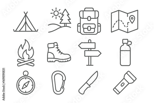 Outdoor adventure line icon set. camping, hiking essentials in linear style