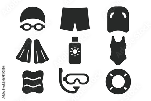 Swimming, water sports silhouette icon set. surf, dive, swim equipment silhouette collection