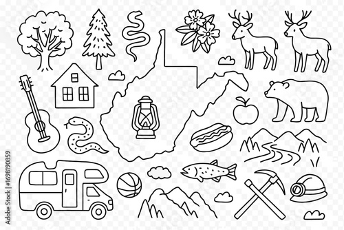 West virginia outline icon set. nature, camping, travel icons line collection
