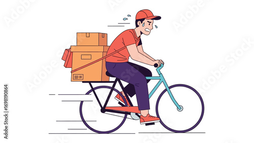 Overburdened Delivery Courier: An illustration depicts a determined delivery courier struggling on a bicycle, laden with packages, showcasing the challenges of logistical operations and hard work.