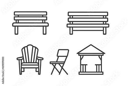 Furniture, park bench outline icon set. outdoor seating, chair, gazebo collection