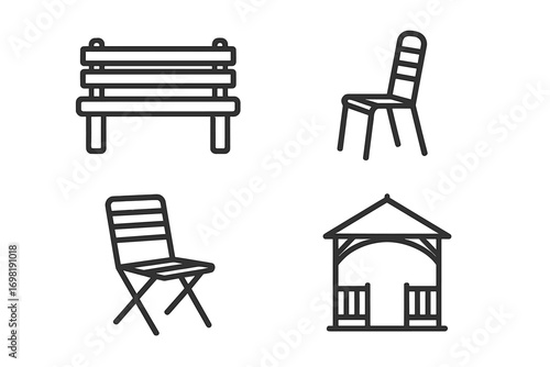 Furniture and park line icon set: chairs, bench, gazebo in outline style collection