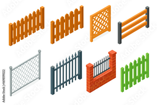 Fence design 3d icon set. gates, barriers, and boundary icons collection