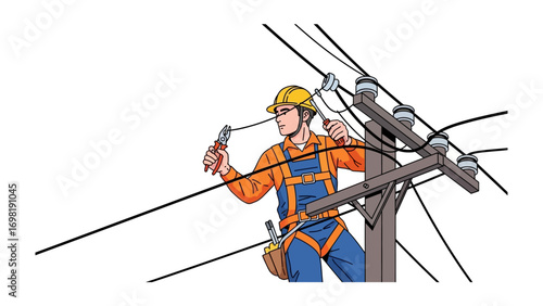 Electrician at Work: A skilled electrician, equipped with safety gear, meticulously works on high-voltage power lines atop a utility pole, ensuring the reliable distribution of electricity.