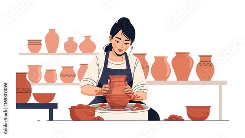 Artisan's Craft: A woman dedicates her skill to pottery in studio setting, she is immersed in shaping a raw clay into a beautiful jar, which reflects a dedication to artisanal excellence.