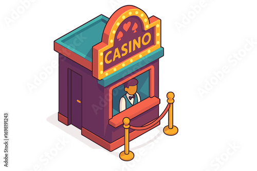 Casino, gambling isometric icon set. Casino entrance, doorman, game hall line icons. Vector icons.