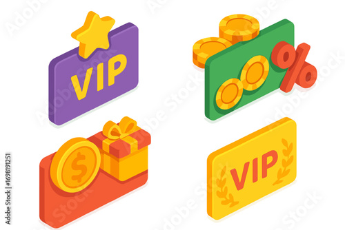 Rewards and loyalty 3d icon set. vip, coins, gift card, points program icons collection
