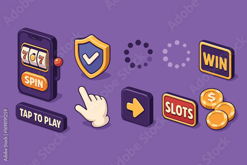 Casino, gaming 3d icon set. slots, gambling, spin, winning, coins icons in 3d style