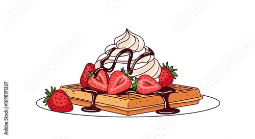 Deliciously sweet waffle topped with fresh strawberries, whipped cream and drizzled with chocolate sauce, a perfect dessert for any occasion