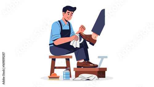 Shoeshine Service Illustration: A skilled artisan meticulously polishes a client's shoe, embodying the essence of quality service and meticulous craftsmanship.