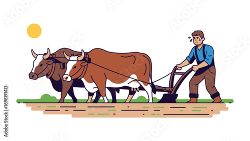 Plowing the Land: A farmer, driven by diligence, plows a field with the aid of two oxen, embodying dedication to the land and labor.