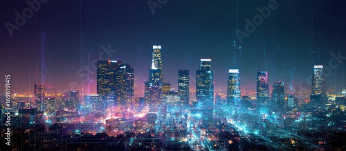 A nighttime cityscape, illuminated by vibrant lights, with overlaid digital pathways, showcasing a futuristic vision of urban connectivity.