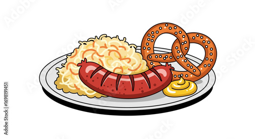 Illustration of a freshly cooked sausage with mustard, a salty pretzel, and a generous portion of sauerkraut, representing a classic Bavarian meal