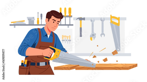 Craftsman at Work: A skilled craftsman, sawing a piece of wood with precision in his workshop, embodying the artistry and dedication of carpentry.