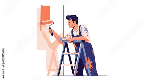 Painting Perfection: A focused individual ascends a stepladder to meticulously apply a fresh coat of paint to a wall, transforming a blank canvas into a space of color and style.
