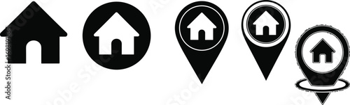 Collection of simple home and address location marker icons. Vector graphic set for web, UI, and map pointers