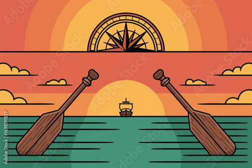 Illustration of paddles and a ship at sea with a compass and sunset in the background art style