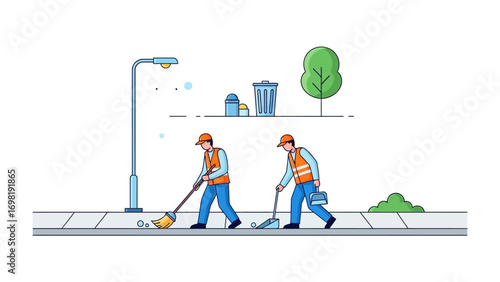 Urban Cleanliness: Two diligent sanitation workers in uniform, working in tandem to maintain a tidy cityscape, showcasing dedication to their duty.