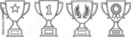 Collection of stylized trophy illustrations representing achievement and victory in various competitive contexts