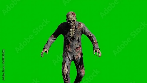 Realistic Undead Zombie Creature Slowly Walking Towards Camera on a Green Screen Background