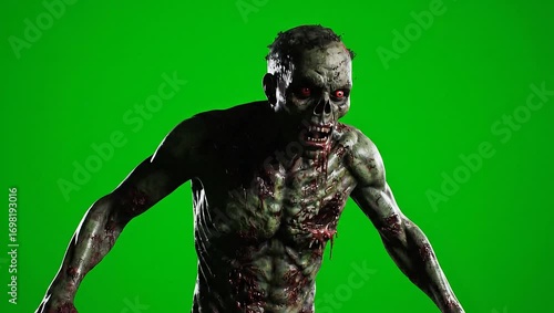 Terrifying Zombie Menace: Gruesome Undead Creature Lurks on Green Screen Background