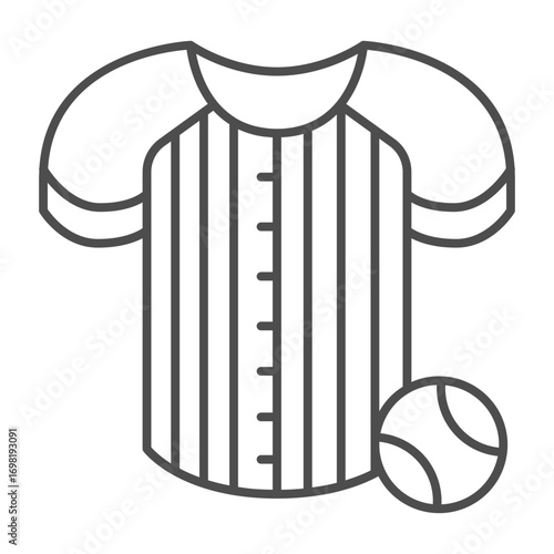 Striped shirt uniform with ball thin line icon, baseball concept. Vector graphics. Team clothes and attribute, sport sign on white background, outline style icon for mobile or web design.
